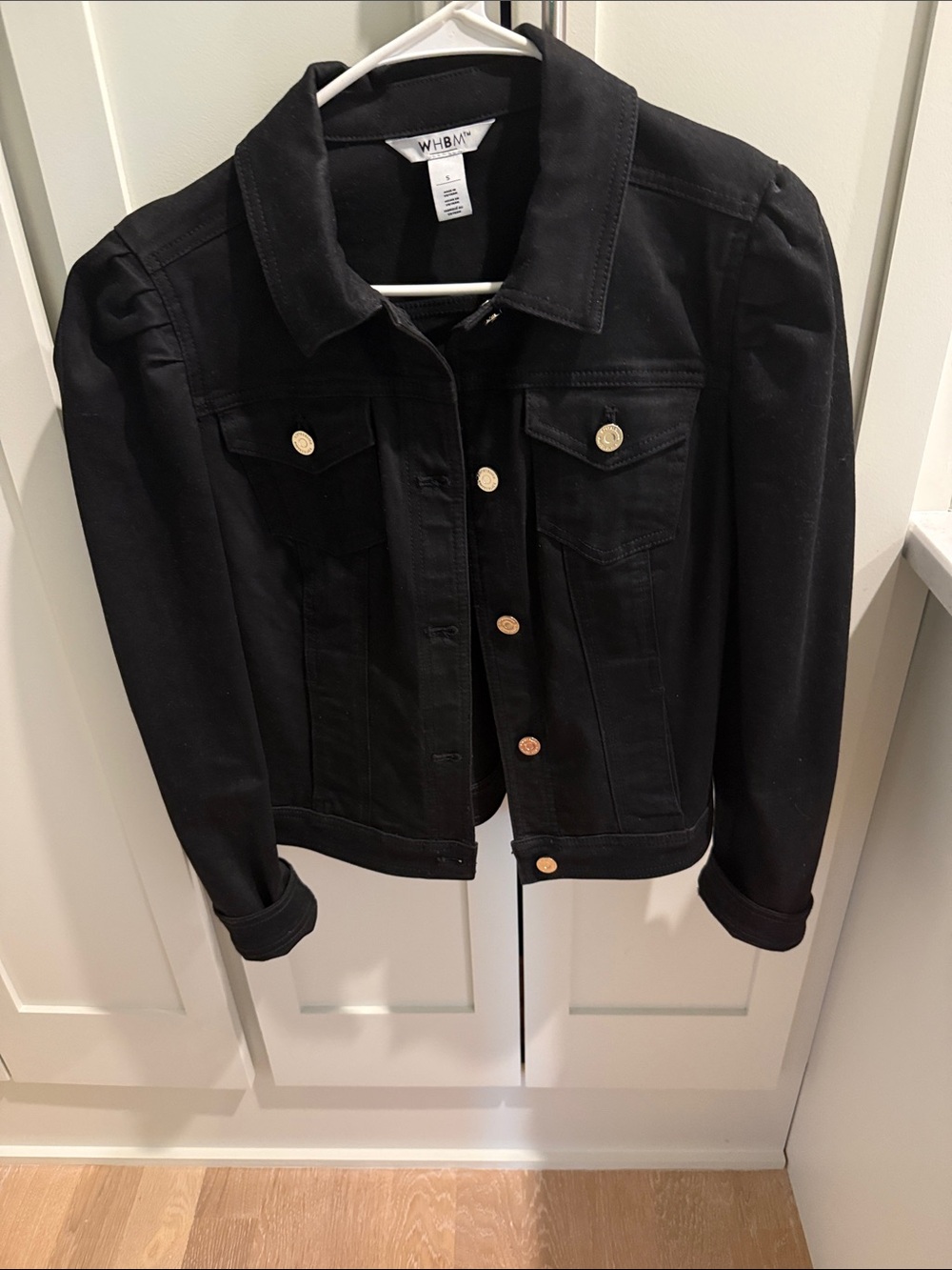 White House Black Market Black Denim Jacket with Gold-Tone Buttons